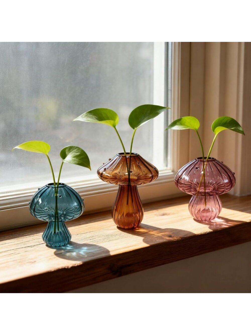 Set of 3 Glass Mushroom Plant Propagation Stations - Cute Hydroponic Vases for